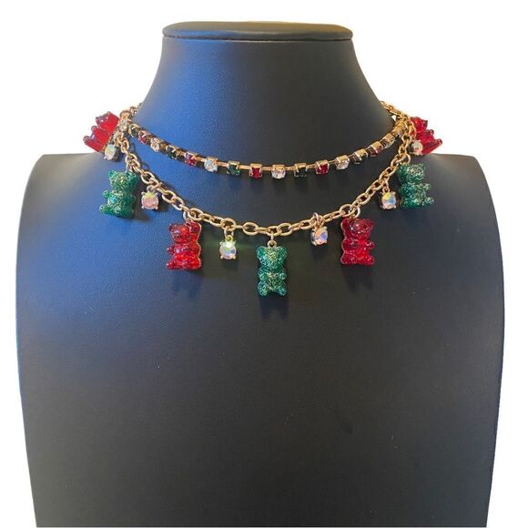 Betsey Johnson Sparkly Green & Red Mini Gummy Bear Charm Necklace. - Picture 4 of 6